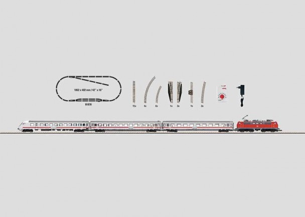 Starter Set. 230 Volts. Intercity passenger train with a large track layout and a wall-plug switched mode power pack and appropriate locomotive controller with smooth control